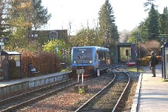 Nærumbanen trainset (RegioSprinter) photographed in Ørholm 8. November 2004.  The trainsets were built by Duewag in 1998 and delivered to Nærumbanen ( LNJ ) in 1999. A total number of 4 was delivered. 2 MAN 5 cyl. diesel engines of 228 kW - 310 hp. A2A. Max speed 80 km/h - 50 mph. Length 24 800 mm. Weight 33,1 metric tonnes. 58 seats.